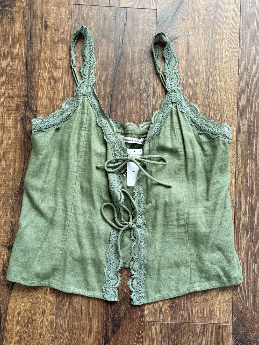 Abercrombie & Fitch Lace-Trim Tie-Front Linen Blend Cami, L Olive NWT